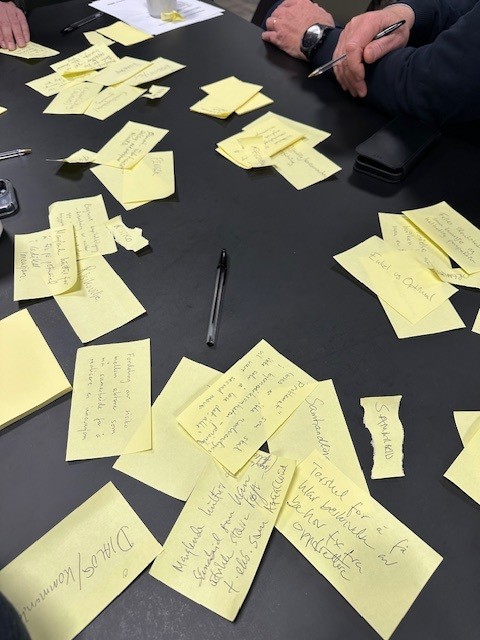Bilde av post it lapper på bord under dialogmøte mellom ulike havbruksaktører arrangert av NCE Seafood